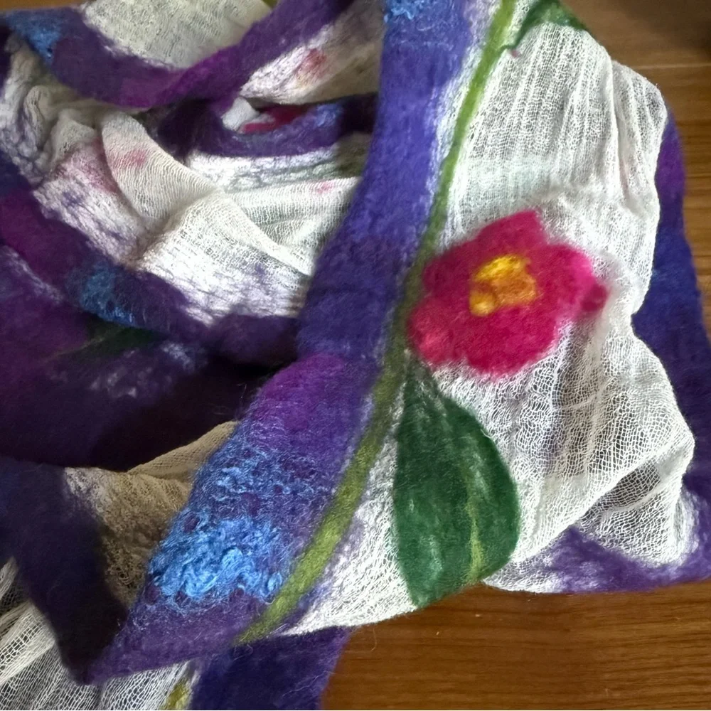 Handmade FANTASY FLOWER NUNO FELT SCARF in Purple and Pink